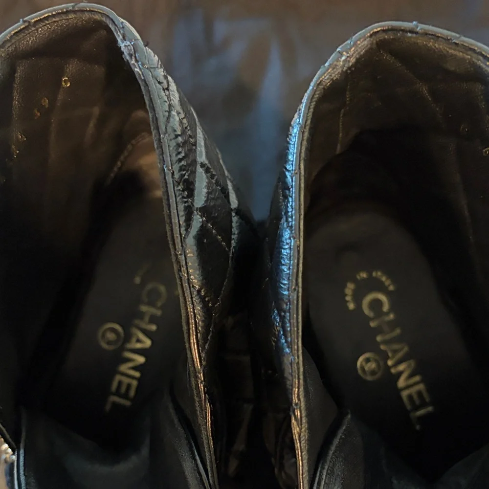 CHANEL Black Quilted Lace-Up Combat Boots with Gold Hardware. Size 39